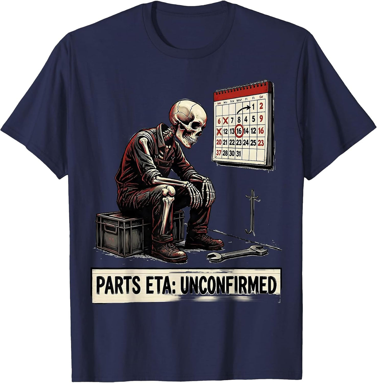 Men's Parts ETA: Unconfirmed Funny Skeleton Mechanic Auto Repair T-Shirt - Navy Blue