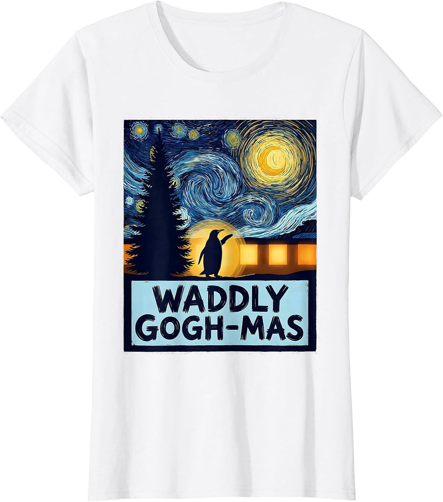 Women's Waddly Gogh-mas Whimsical Penguin Van Gogh Art Lover Holiday T-Shirt - White