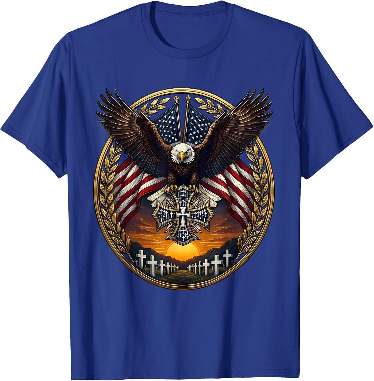 Memorial Crosses at Dusk Veteran Tribute T-Shirt - Royal Blue