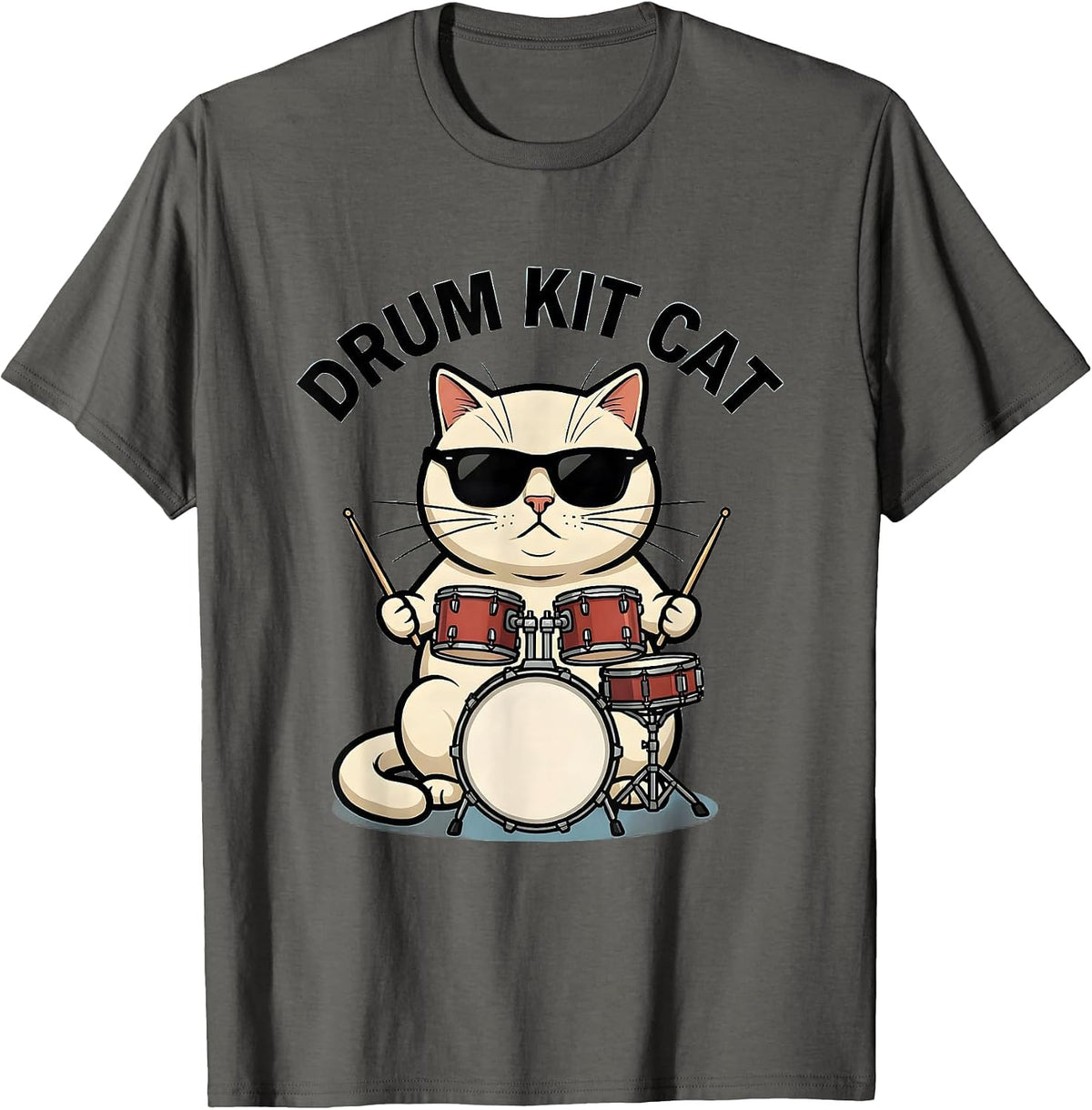 Drum Kit Cat Funny Cat Wearing Sunglasses Playing Drums T-Shirt - Asphalt Grey