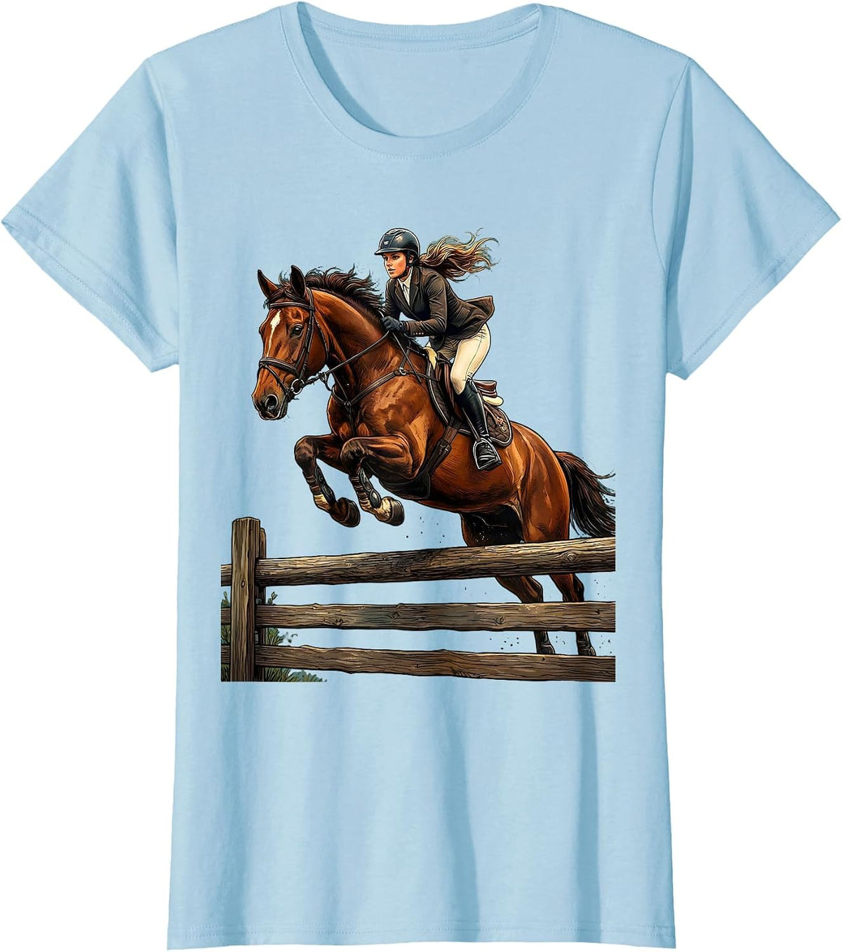 Horse Rider Jumping Fence Equestrian Graphic T-Shirt - Baby Blue