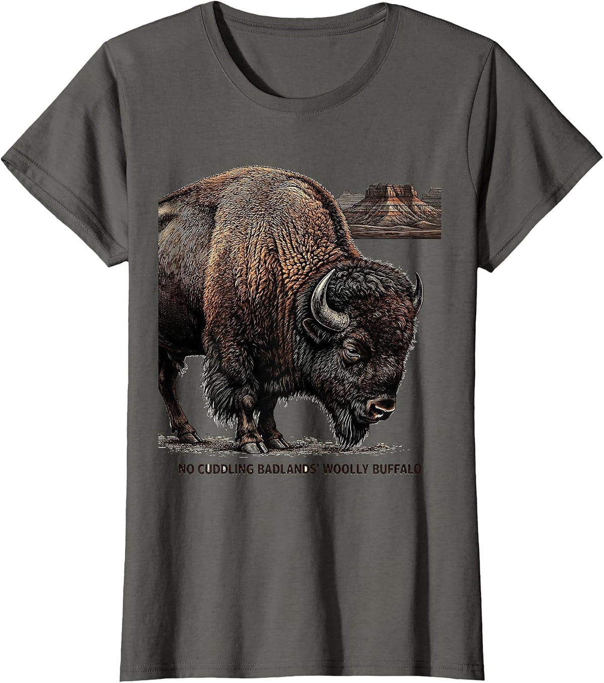 Women's No Cuddling Badlands' Woolly Buffalo Vintage Bison Souvenir T-Shirt - Asphalt Grey
