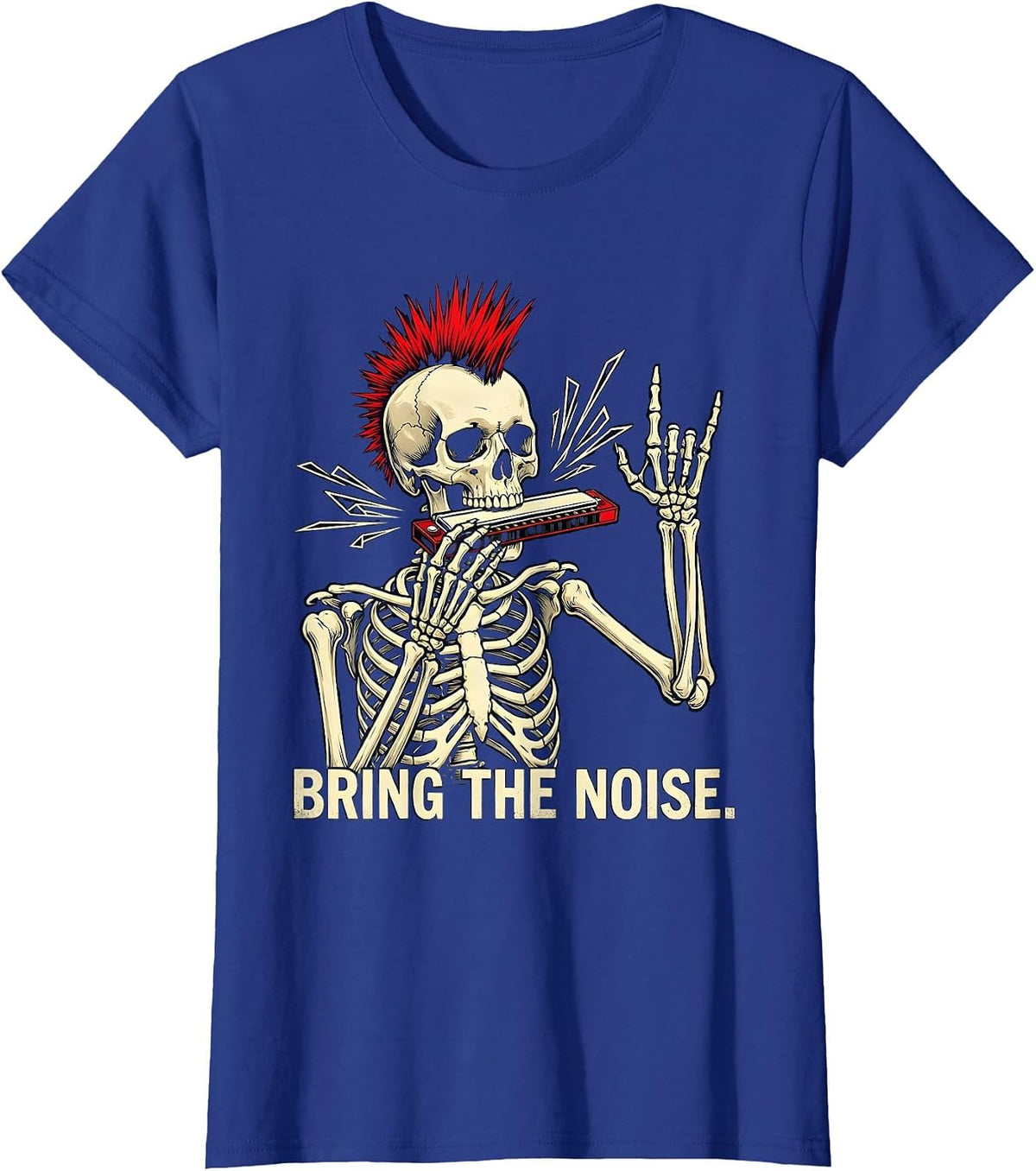 Women's Bring The Noise Punk Rock Skeleton Skull Halloween Music T-Shirt - Royal Blue