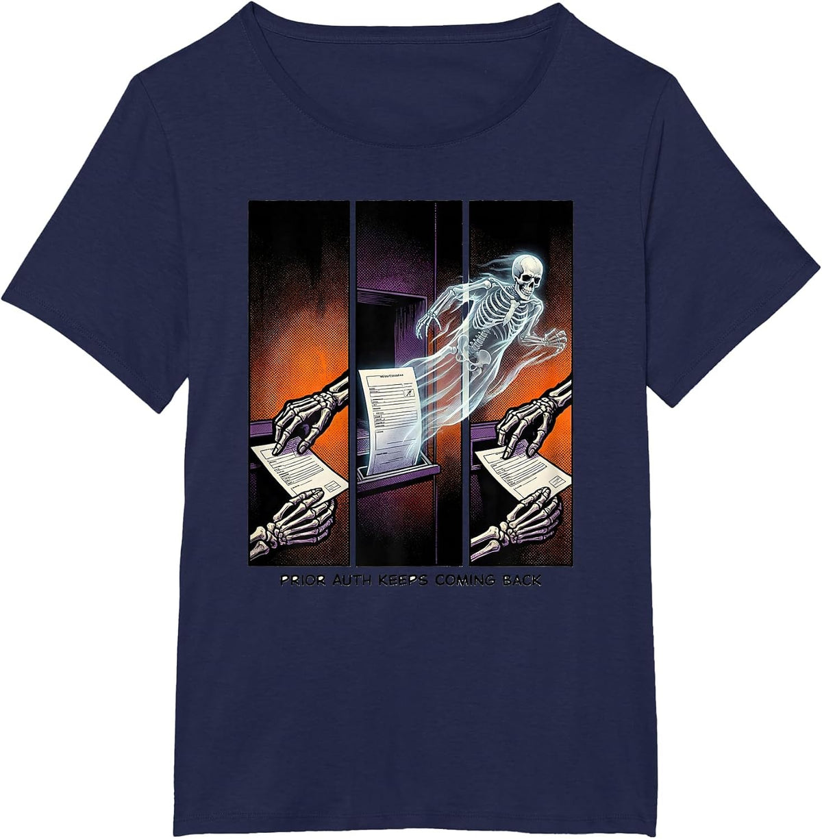 Women's Prior Auth Keeps Coming Back Funny Pharmacy Tech Halloween T-Shirt - Navy Blue