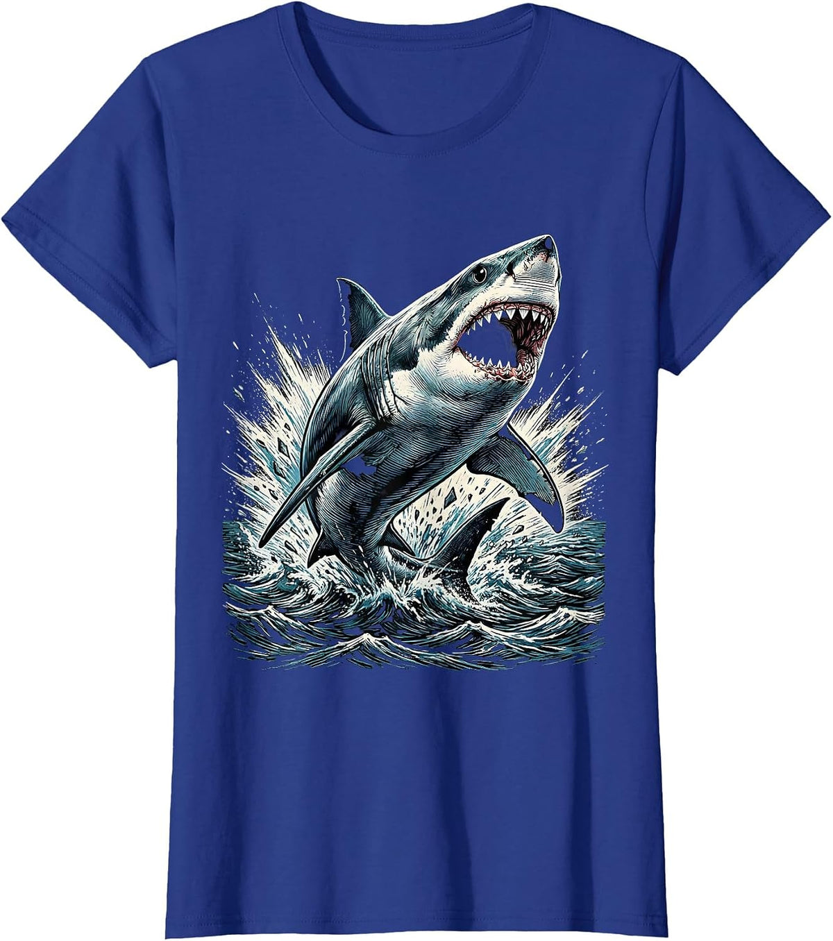Women's Boys Shark Bursting Through Ocean Surface T-Shirt - Royal Blue
