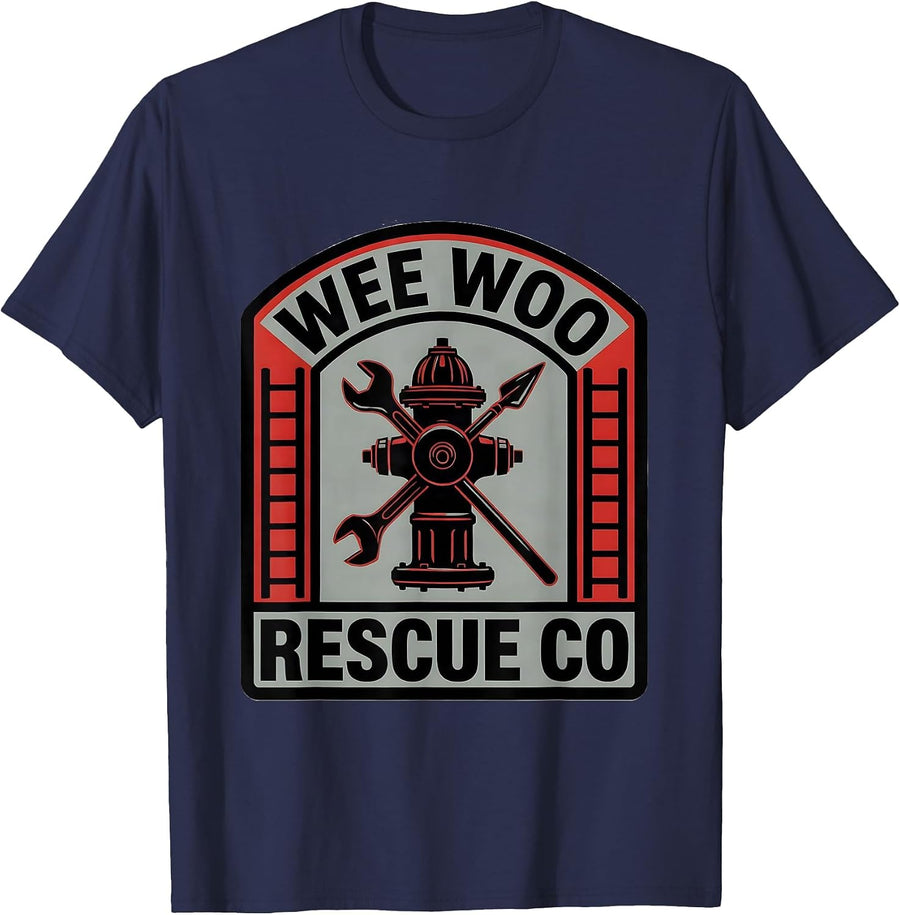 WEE WOO RESCUE CO Funny Firefighter Crew Humor T-Shirt - Navy Blue