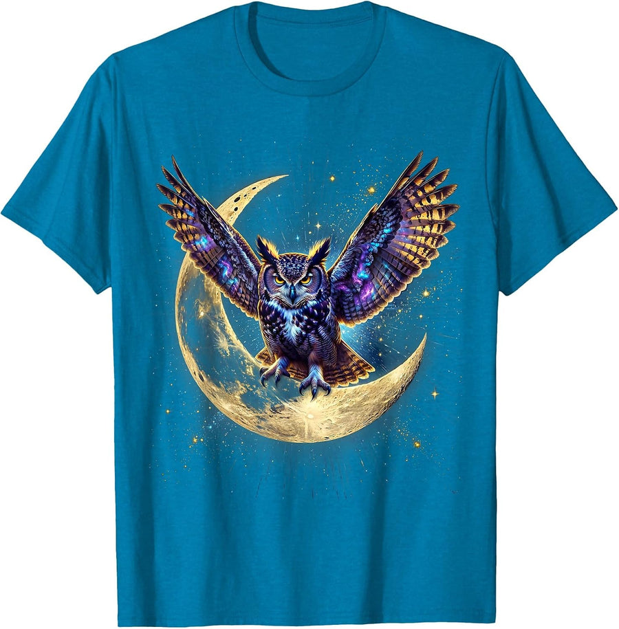 Owl on Crescent Moon Night Sky Illustration T-Shirt - Sapphire Blue