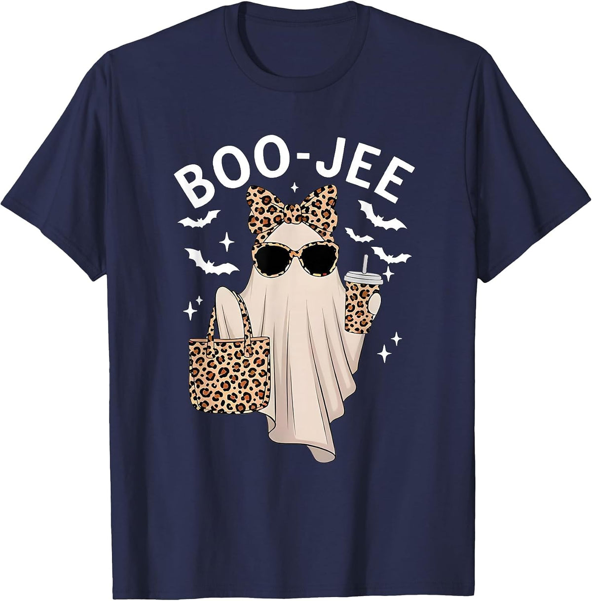 Boo-JEE Ghost Halloween Women Boo JEE Leopard Spooky Season T-Shirt - Navy Blue