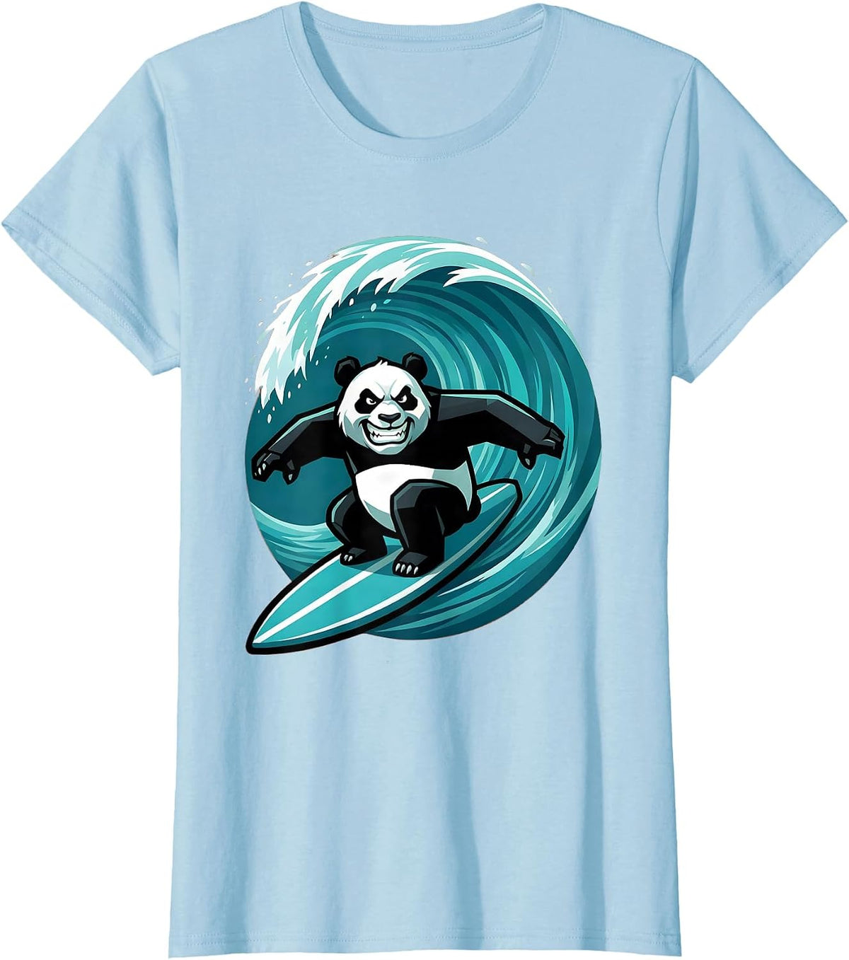 Women's Panda Surfer Riding Giant Ocean Wave T-Shirt - Baby Blue