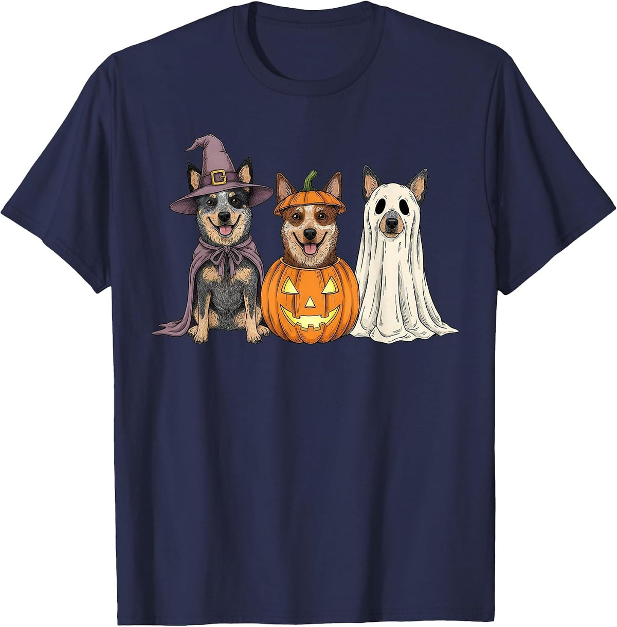 Spooky Ghost Blue Heeler Pumpkin Halloween Dog Lover T-Shirt - Navy Blue