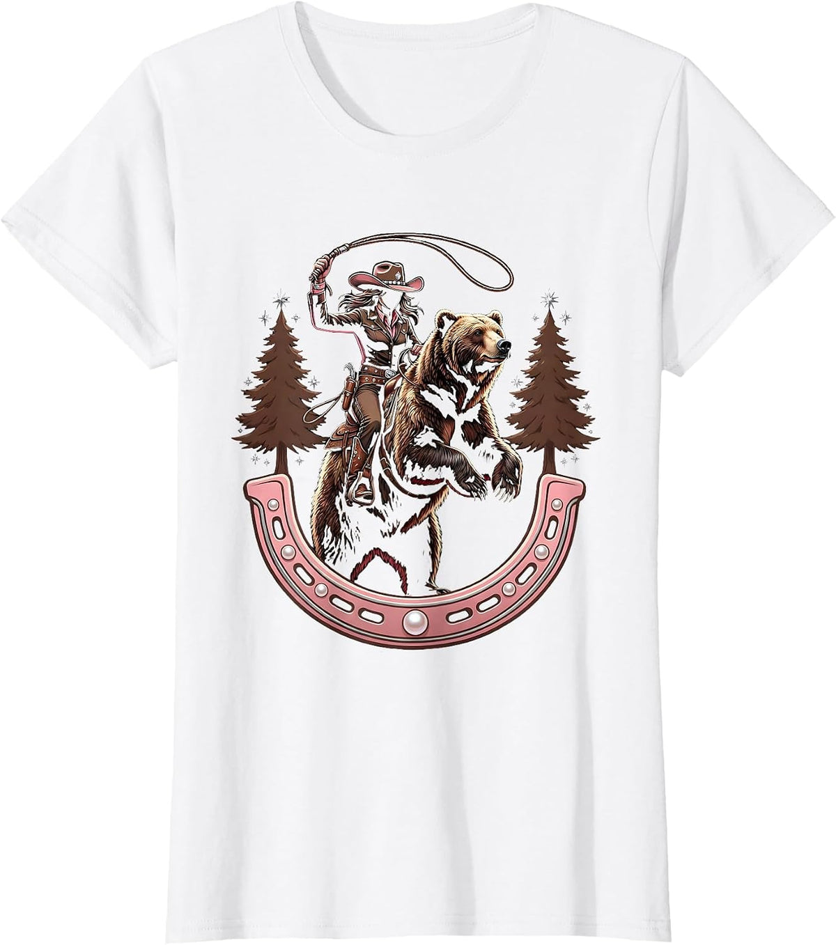 Cowgirl Riding Bear Through Pine Forest T-Shirt - White