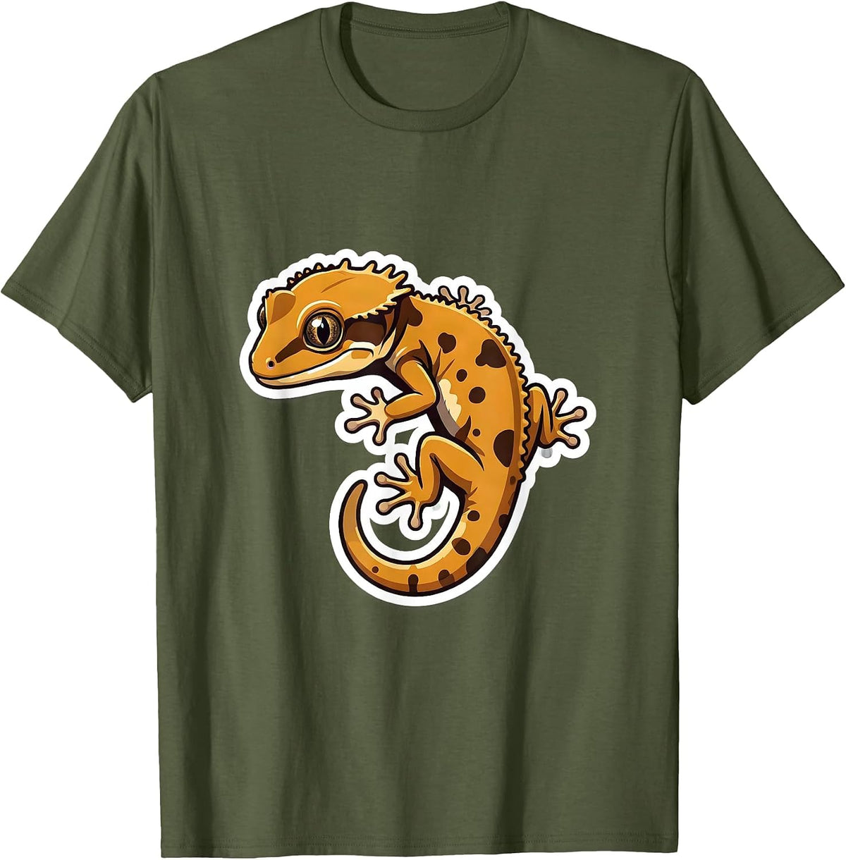 Crested Gecko Reptile Lover Sticker Style Casual Gift T-Shirt - Olive Green