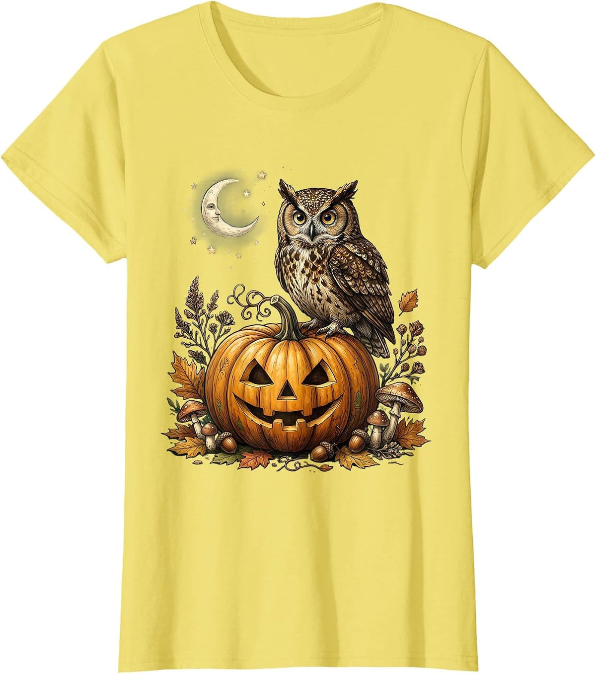 Owl on Glowing Pumpkin Halloween Illustration T-Shirt - Lemon Yellow