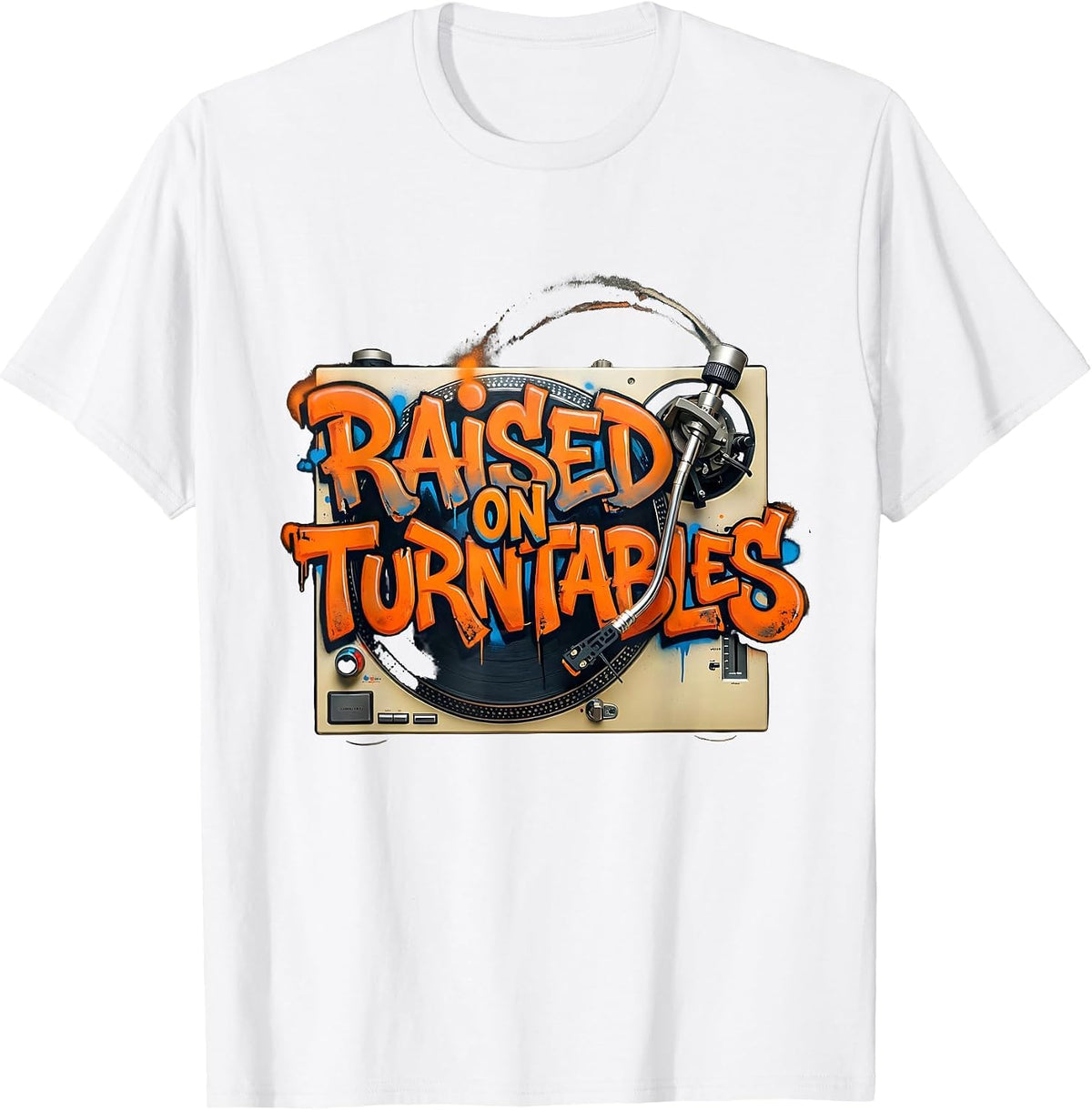 Men's Raised On Turntables Graffiti 90s Hip-Hop Rap Lyric T-Shirt - White