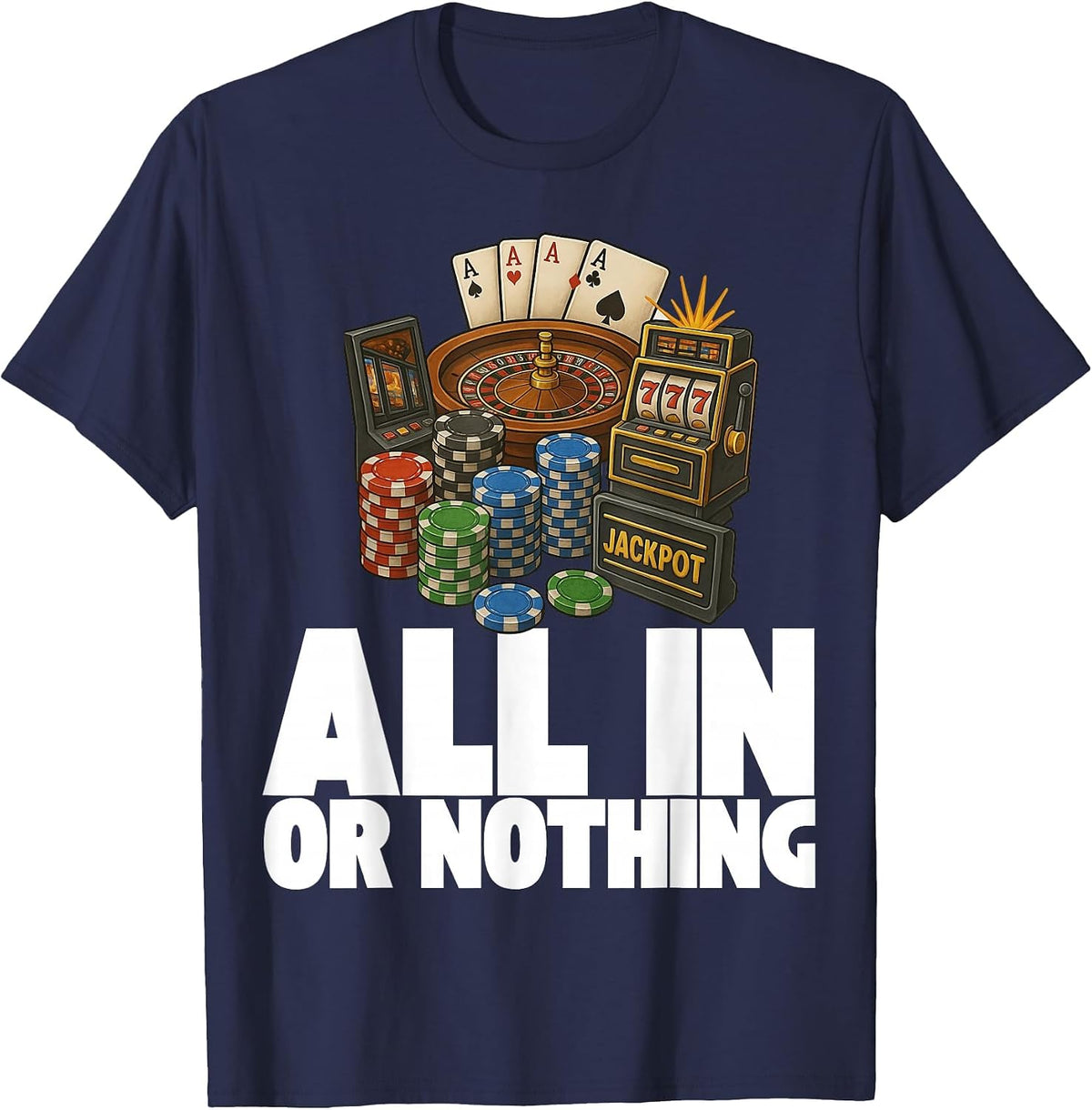 Casino Chips Roulette Slots Poker Vegas Gambling Cards T-Shirt - Navy Blue