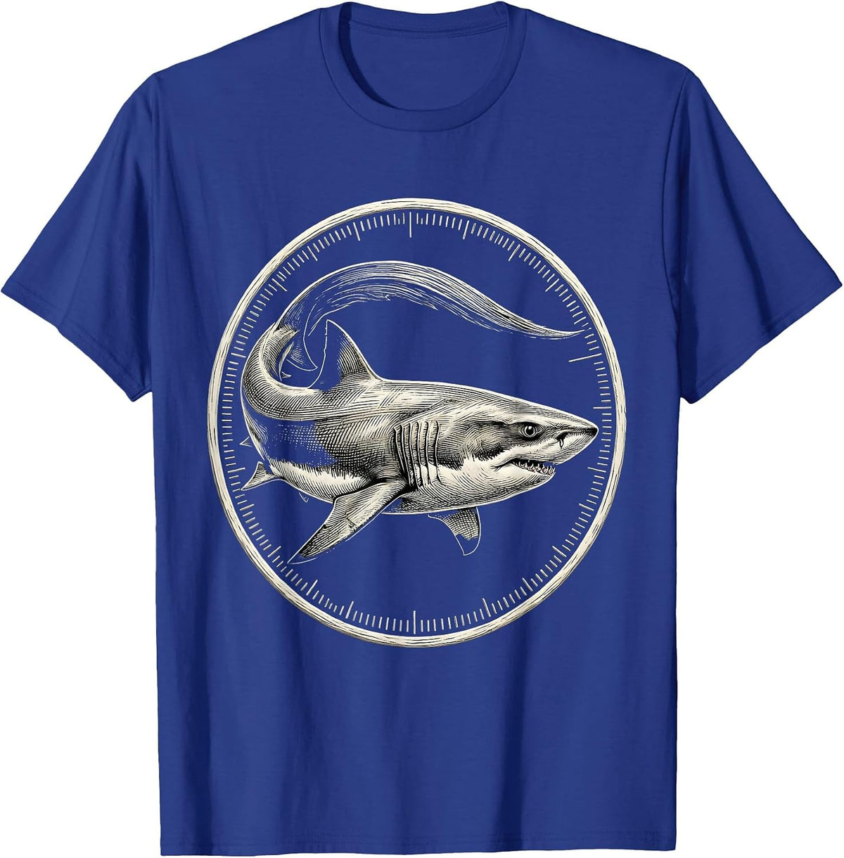 Men's Thresher Shark Engraved Badge Vintage Ocean Animal Humor T-Shirt - Royal Blue