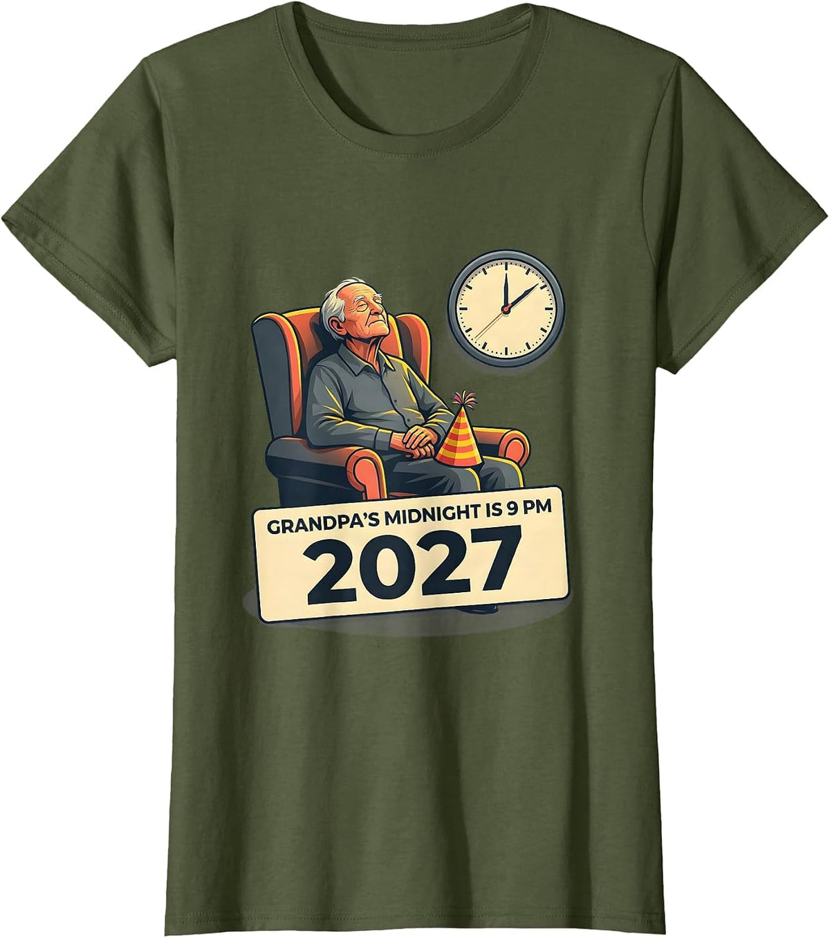 Women's Grandpa's Midnight Is 9 PM 2027 Funny New Year Family Party T-Shirt - Olive Green