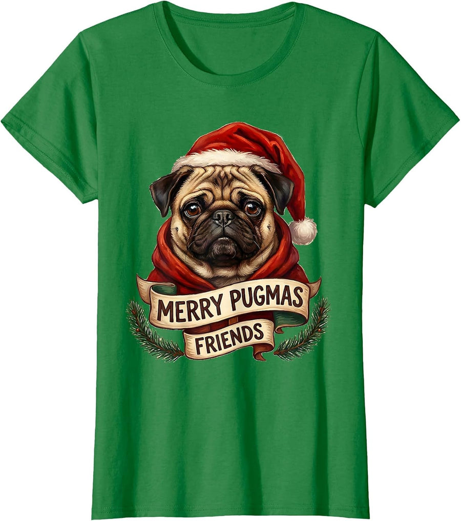 Women's Merry Pugmas Friends Funny Pug Lover Holiday Christmas T-Shirt - Kelly Green
