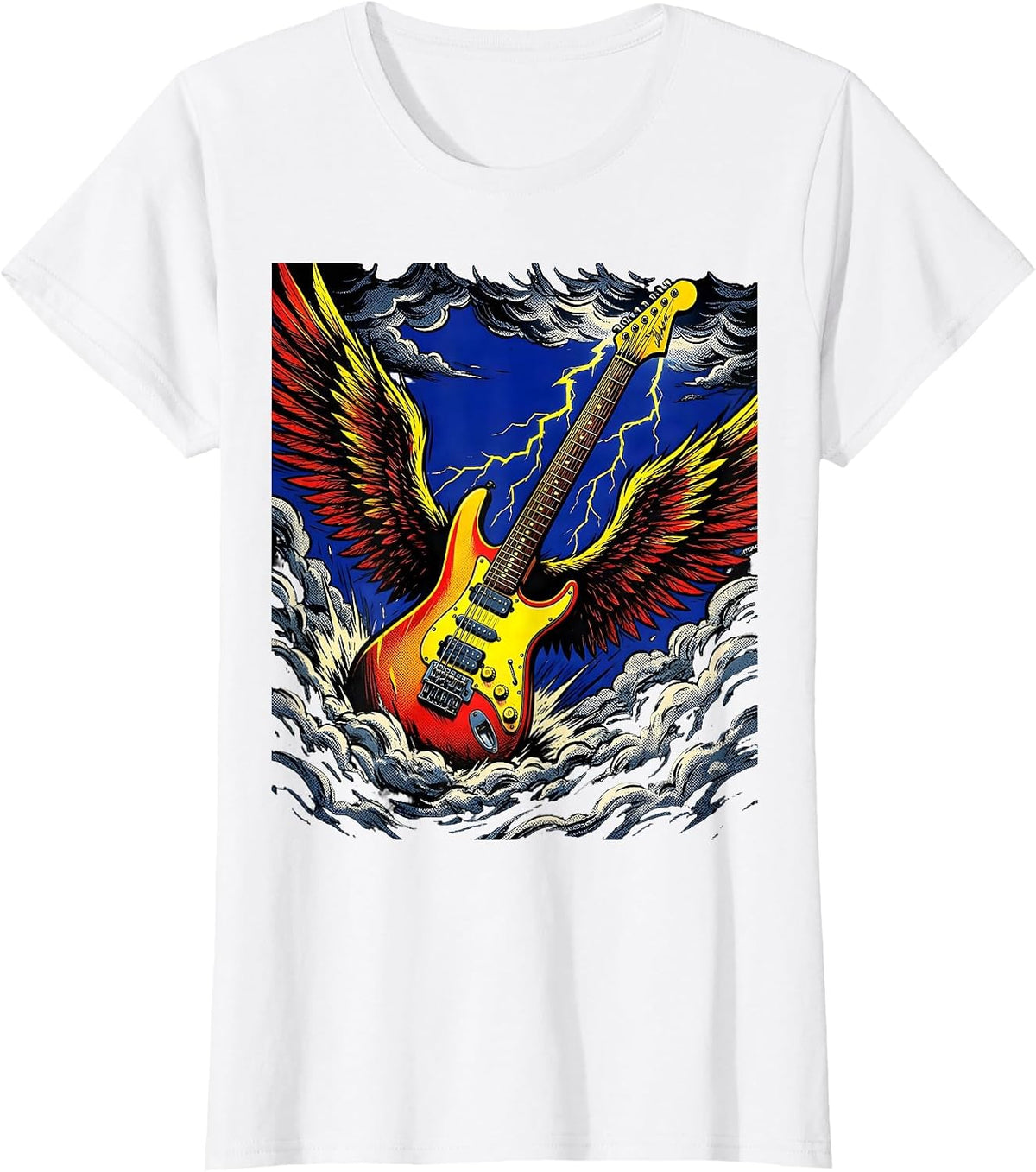 Winged Guitar Soaring Through Storm Clouds T-Shirt - White