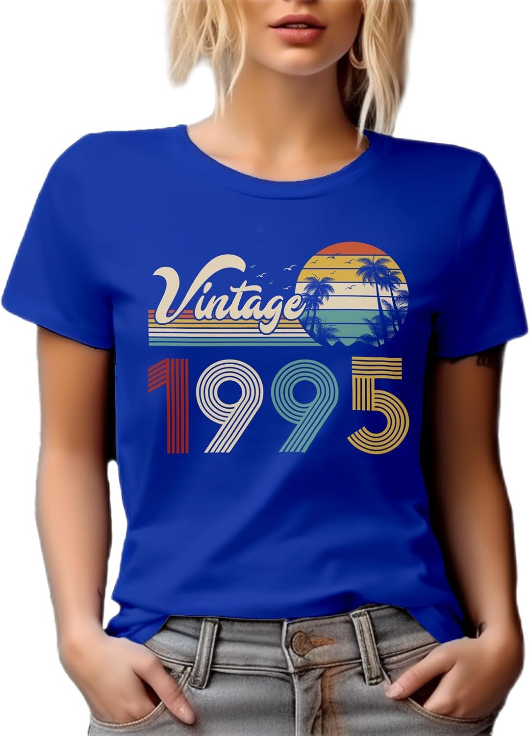 Vintage 1995 feat. Retro Sunset & Palm Trees Graphic Tshirt - Royal Blue
