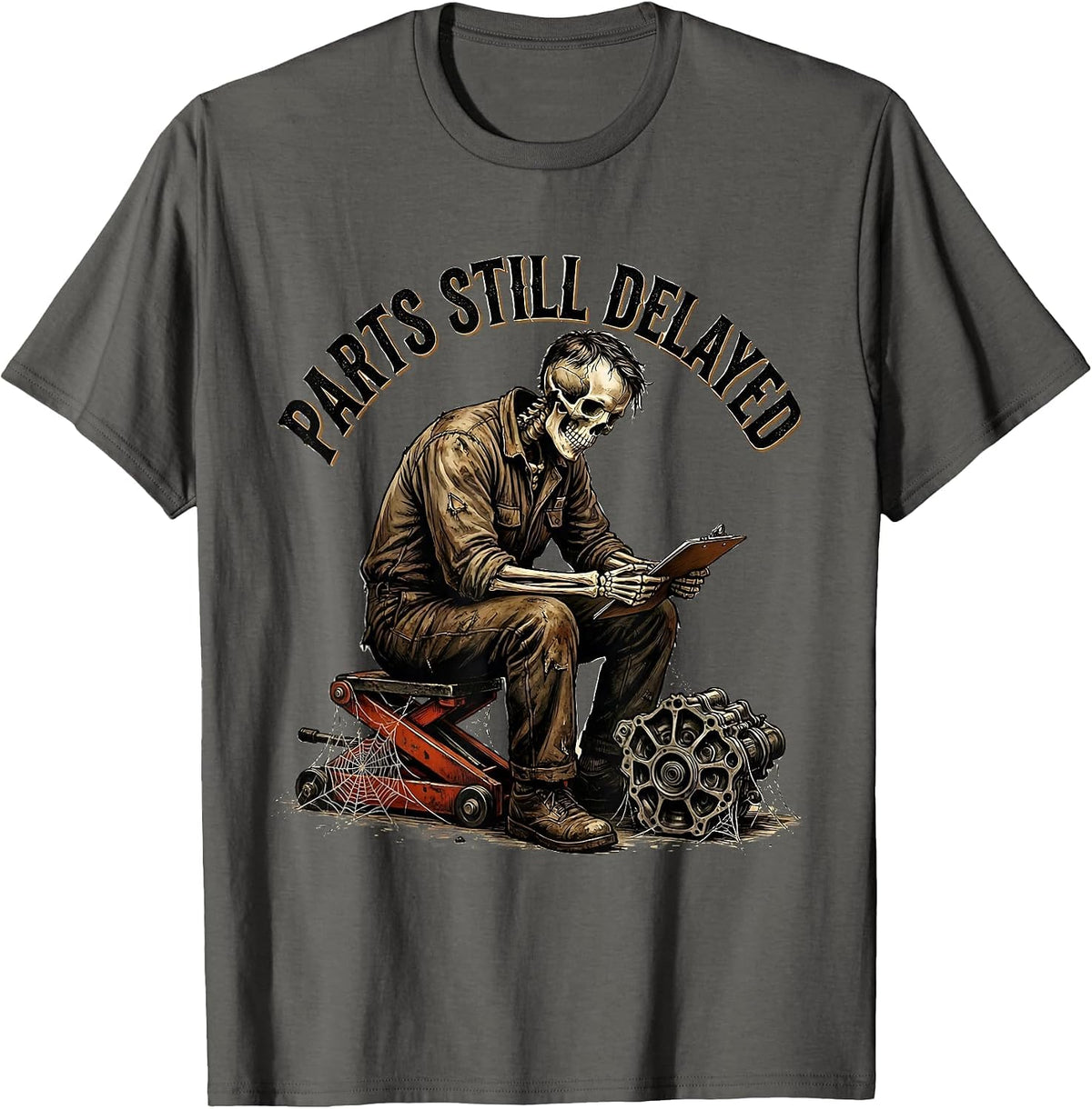 Men's PARTS STILL DELAYED Vintage Mechanic Skeleton Auto Repair T-Shirt - Asphalt Grey
