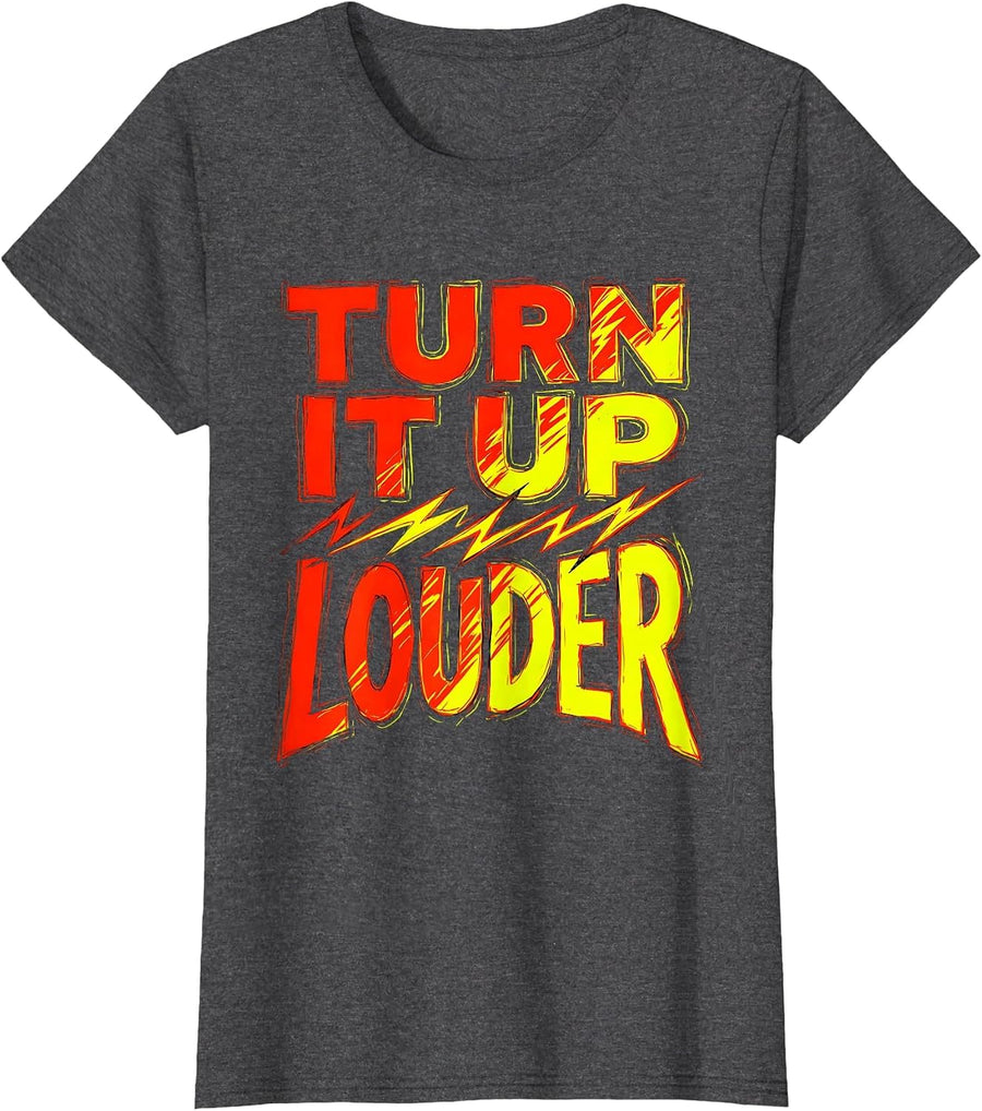 Women's Turn It Up Louder 80s Rock Band Graphic Design T-Shirt - Dark Heather Grey