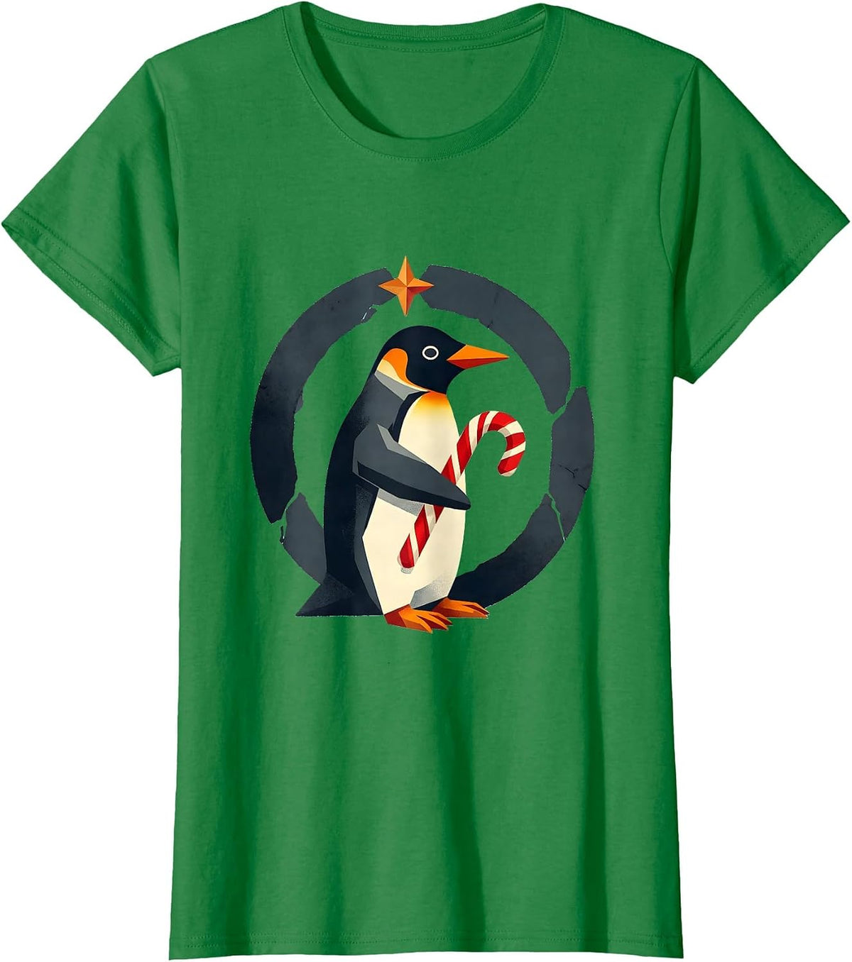 Women's Penguin Holiday Candy Cane Midcentury Modern Ugly Christmas T-Shirt - Kelly Green