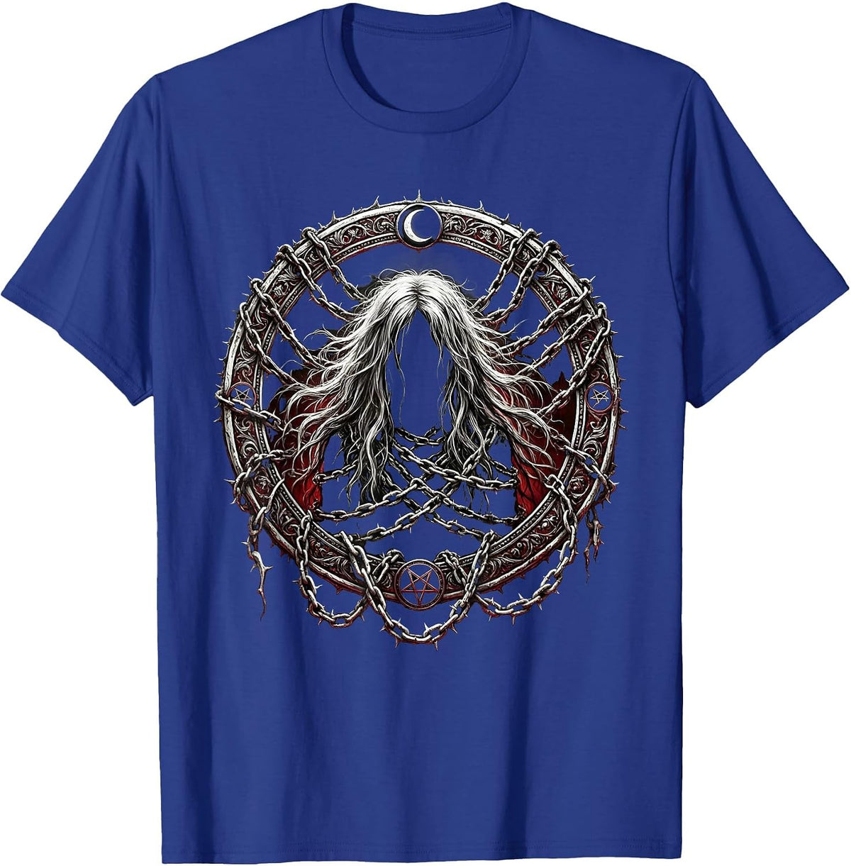Emo Chained Long Hair Dark Art Graphic T-Shirt - Royal Blue
