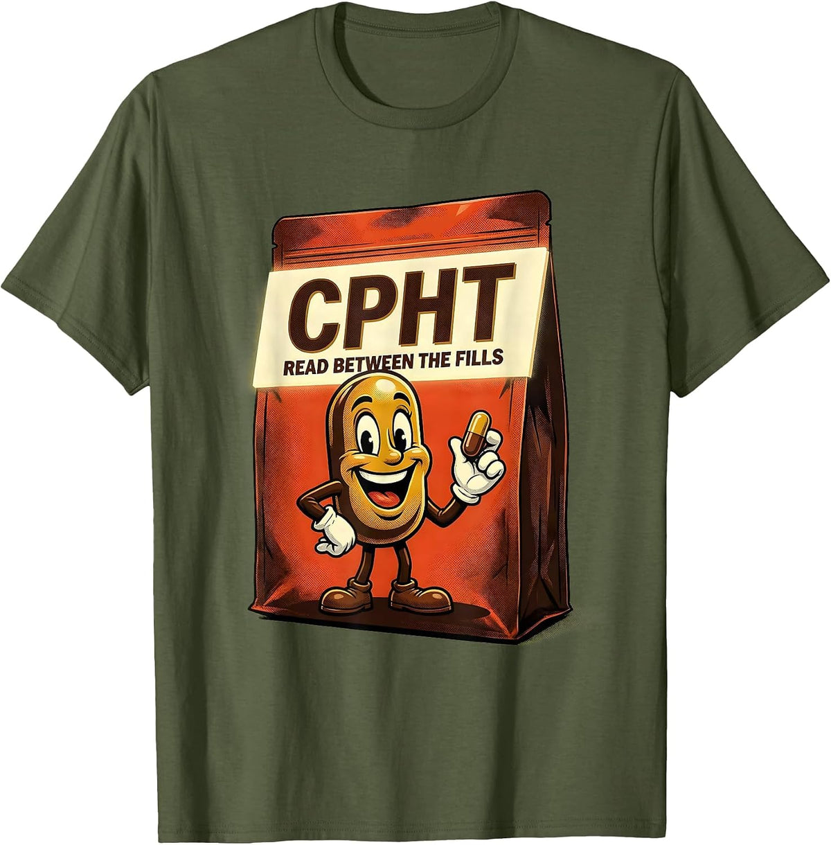 Men's CPhT Read Between The Fills Retro Advertising Pharmacy T-Shirt - Olive Green