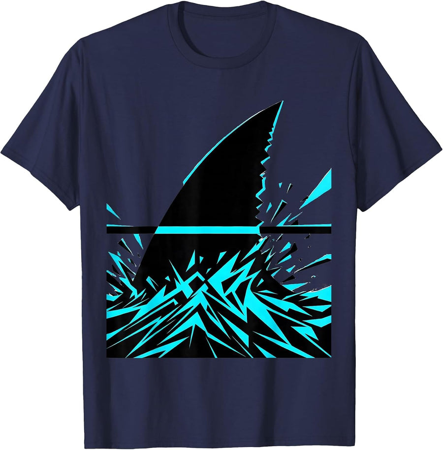 Shark Fin Cutting Through Still Water Graphic T-Shirt - Navy Blue