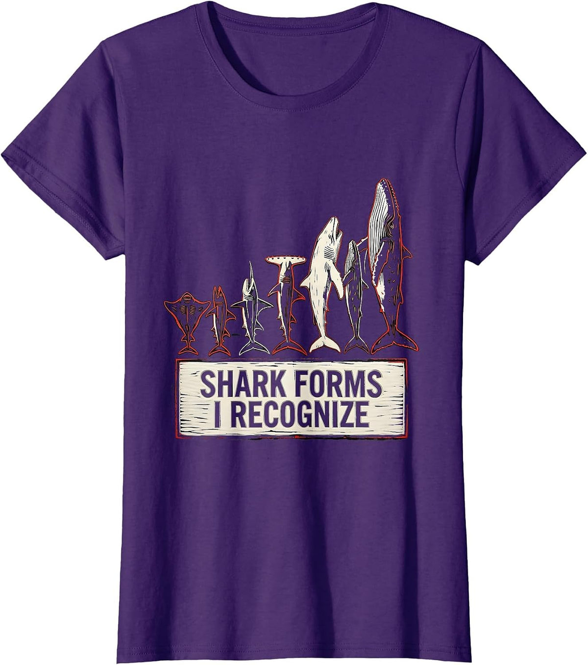 Women's Shark Forms I Recognize Linocut Marine Biology Ocean T-Shirt - Purple