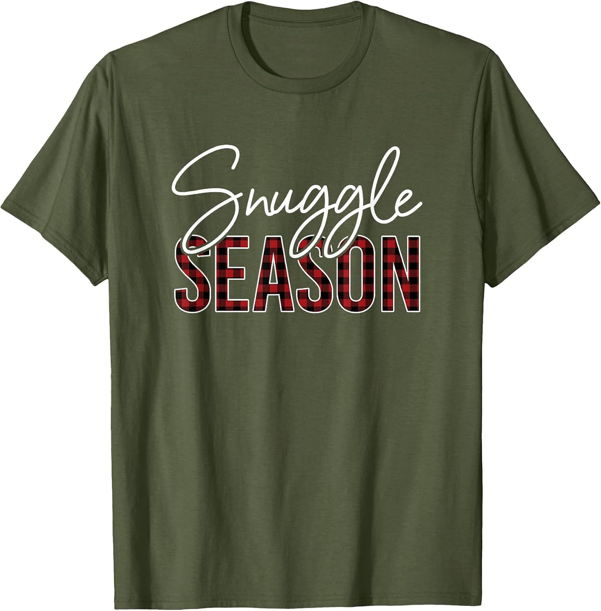 Snuggle Season - Red Black Buffalo Plaid T-Shirt - Olive Green