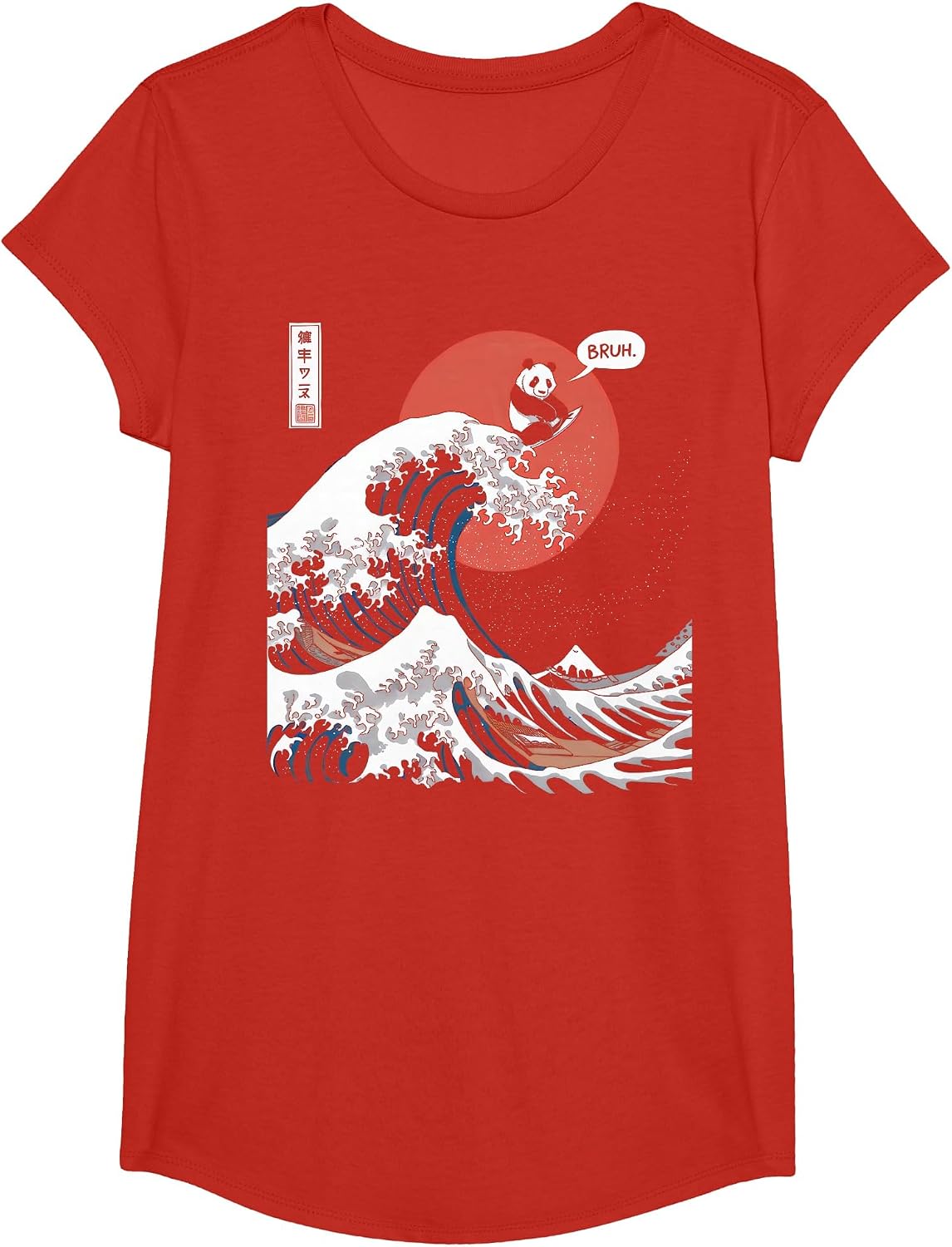 Bruh The Great Wave Kanagawa Funny Japanese Surfing Panda T-Shirt - Girls Red