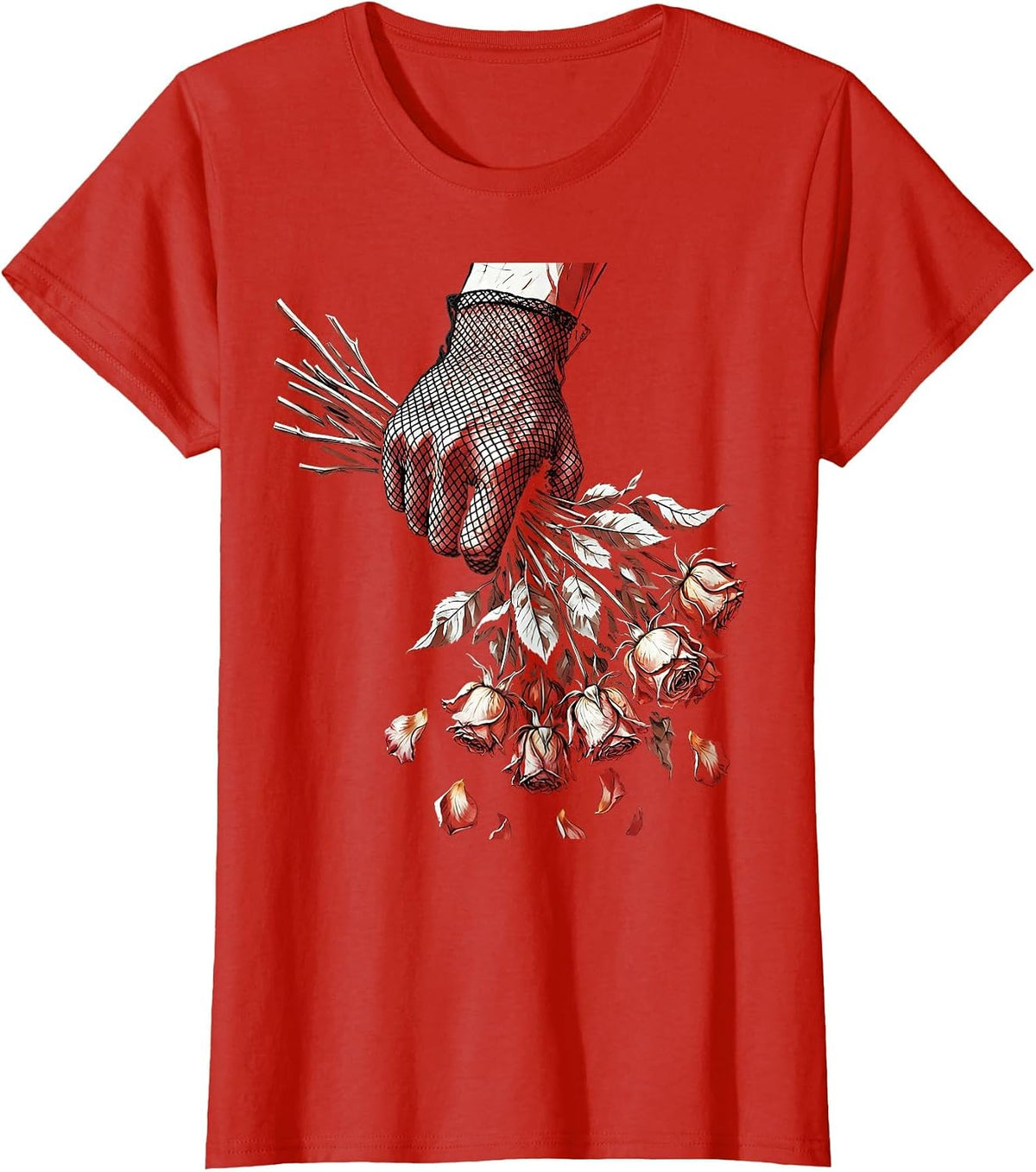 Fishnet Glove Dead Flowers Dark Aesthetic Graphic T-Shirt - Red