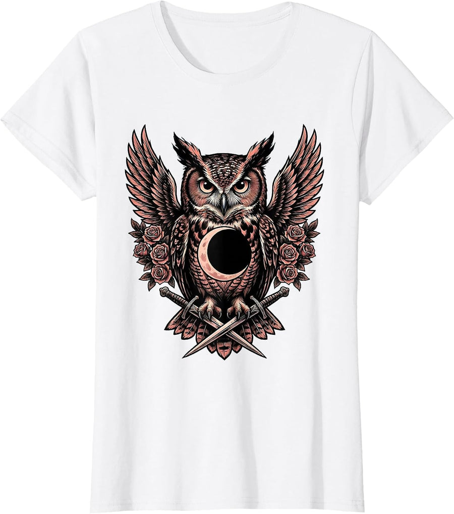 Women's Halloween Owl Crescent Moon Illustration T-Shirt - White