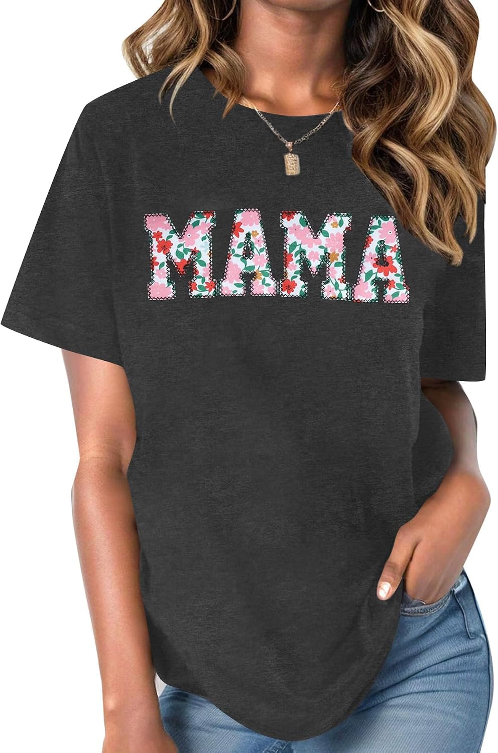 Mama Shirts for Women Funny Embroidered Mama Letter Print Tee Mom Gift Short Sleeve Shirt Mothers Day Tops - Grey