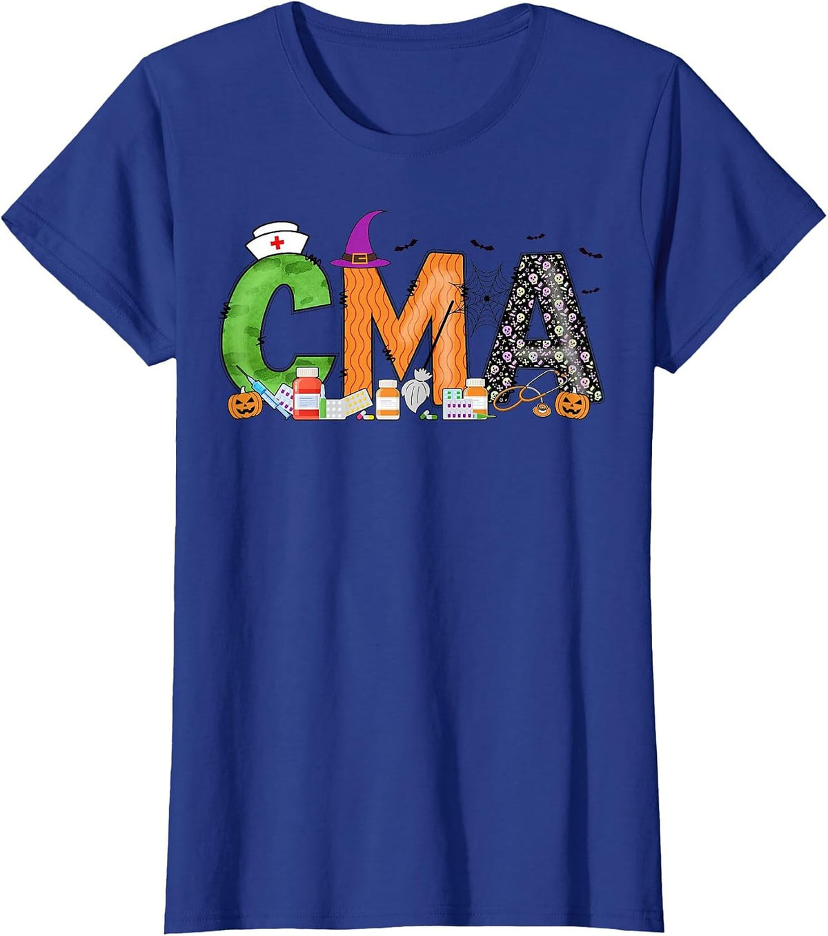Certified Medical Assistants CMA Witch Nurse Skull Halloween T-Shirt - Royal Blue