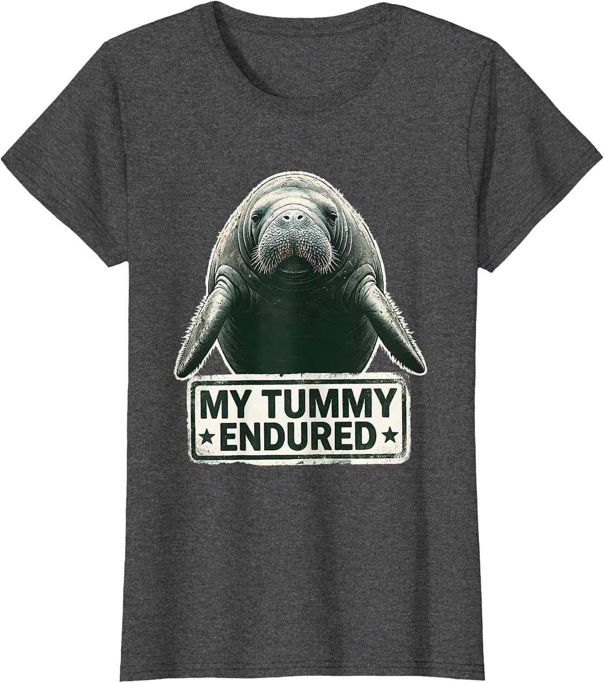 Women's My Tummy Endured Funny Tummy Ache Survivor Rubber Stamp Meme T-Shirt - Dark Heather Grey