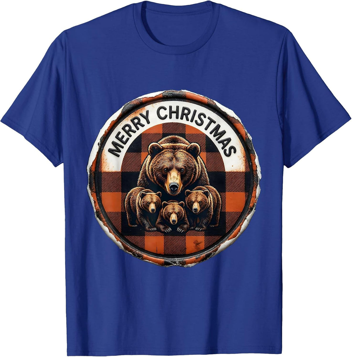 Merry Christmas Rubber Stamp Bear Family Buffalo Plaid T-Shirt - Royal Blue