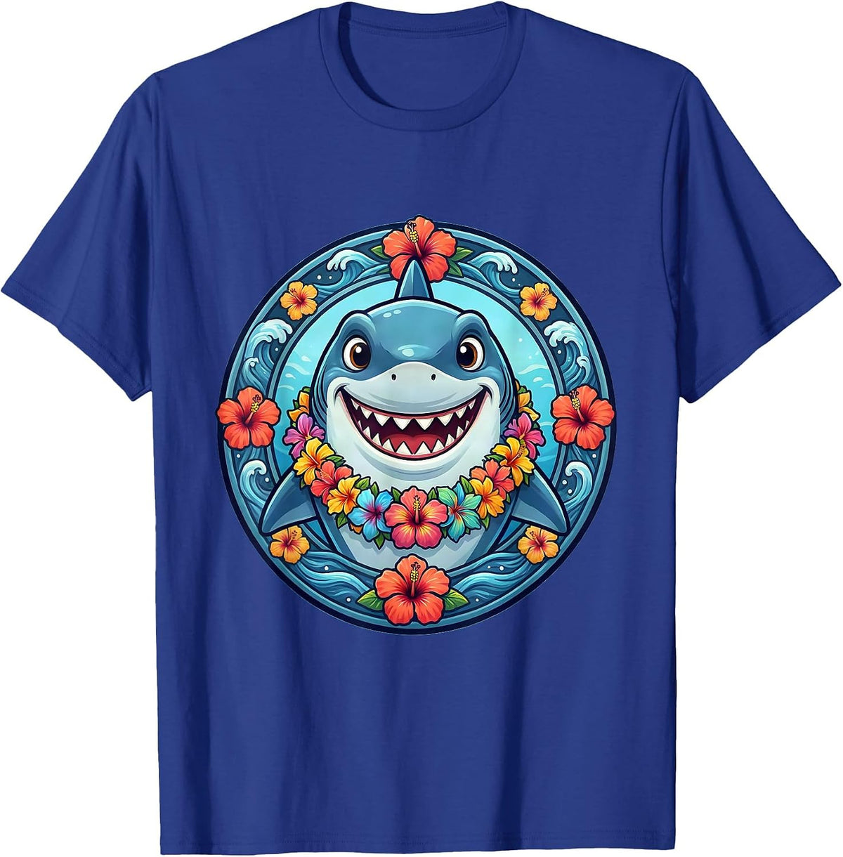 Men's Kids Hawaiian Shark with Flower Lei Illustration T-Shirt - Royal Blue
