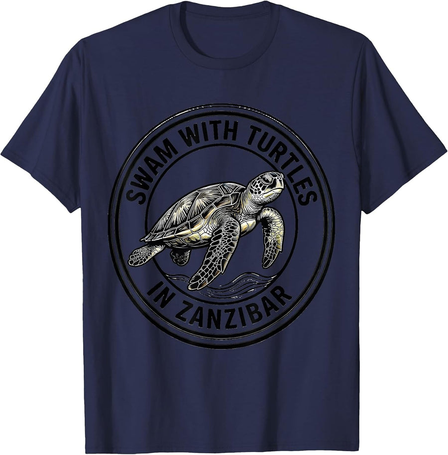 Swam With Turtles In Zanzibar Line Art Sea Turtle Lover T-Shirt - Navy Blue