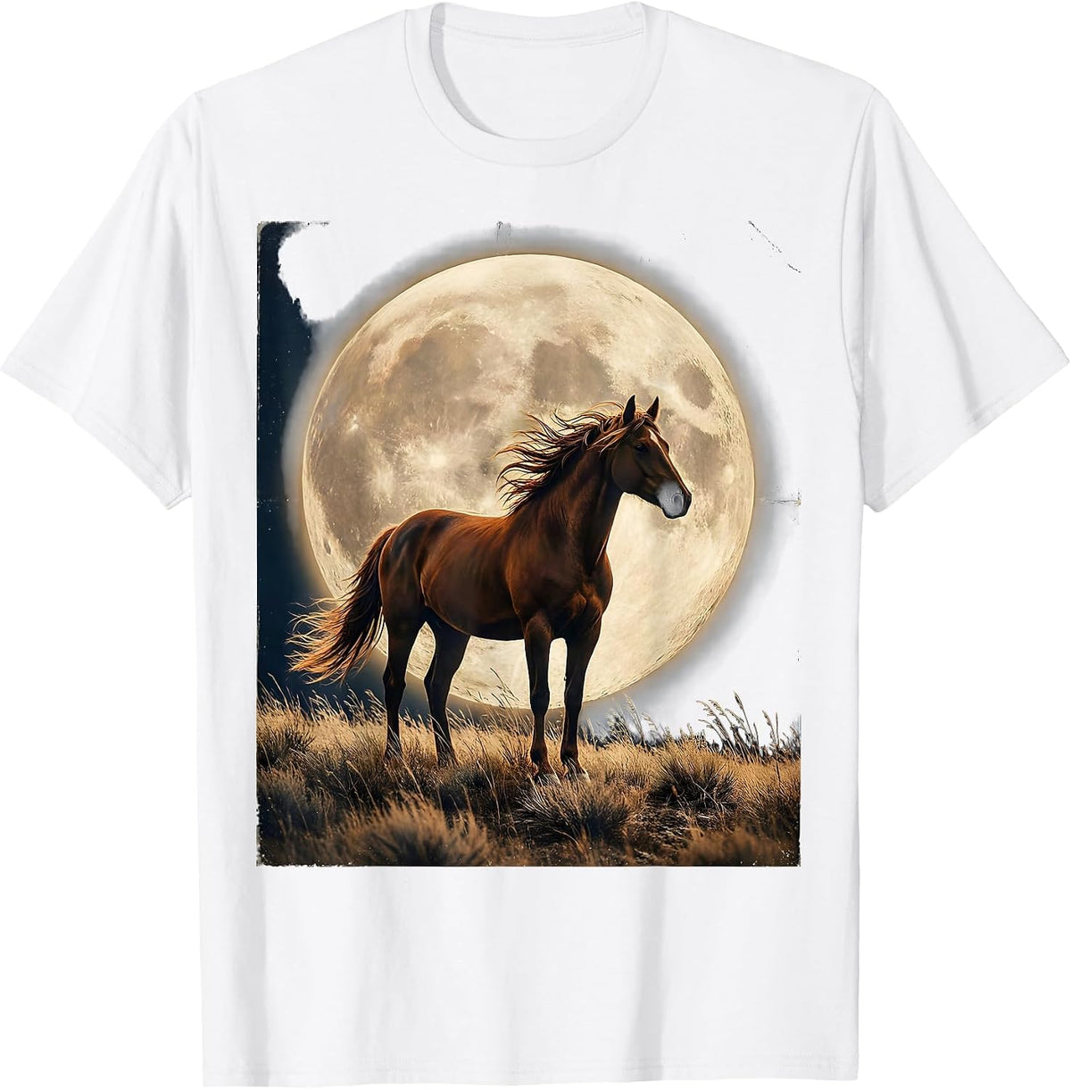 Men's Horse Silhouette Giant Full Moon Night Sky Design T-Shirt - White