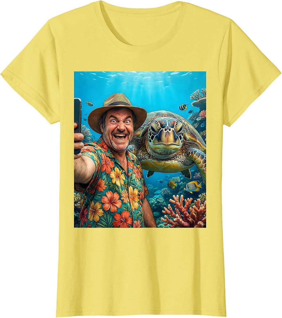 Funny Hawaiian Selfie With Sea Turtle Graphic T-Shirt - Lemon Yellow