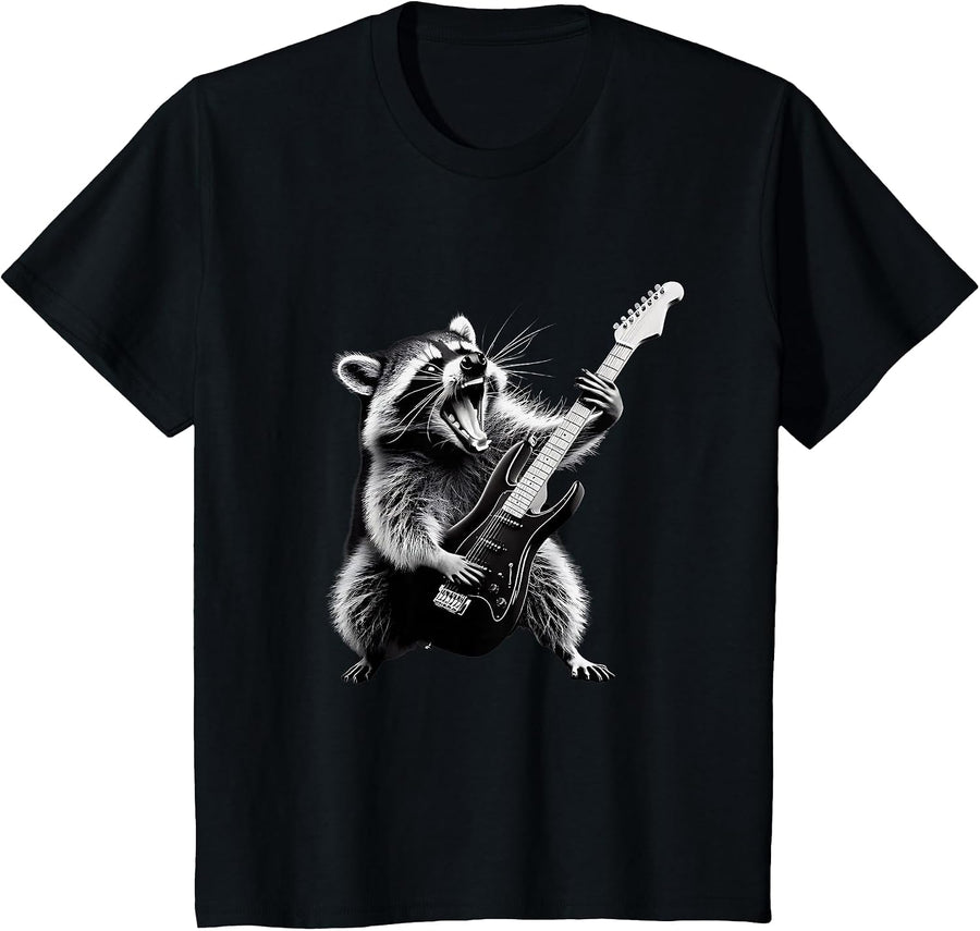 Rock Raccoon Playing Guitar Men Women Kids Funny Raccoon T-Shirt - Black