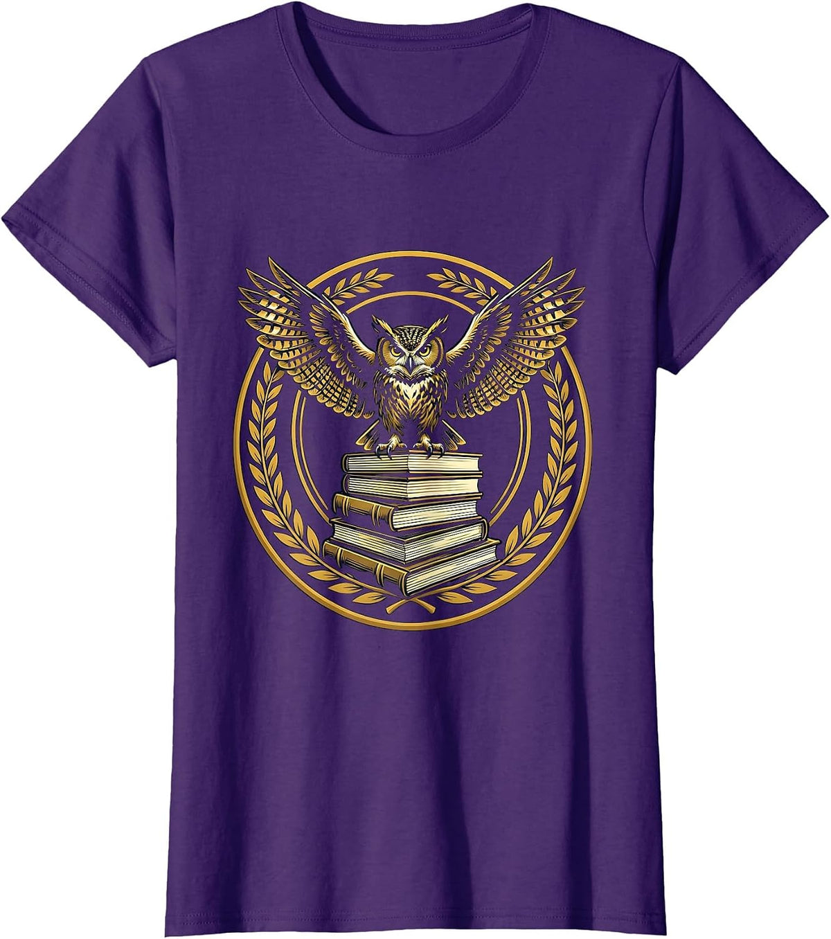Women's Wise Owl Perched on Stacked Textbooks Design T-Shirt - Purple