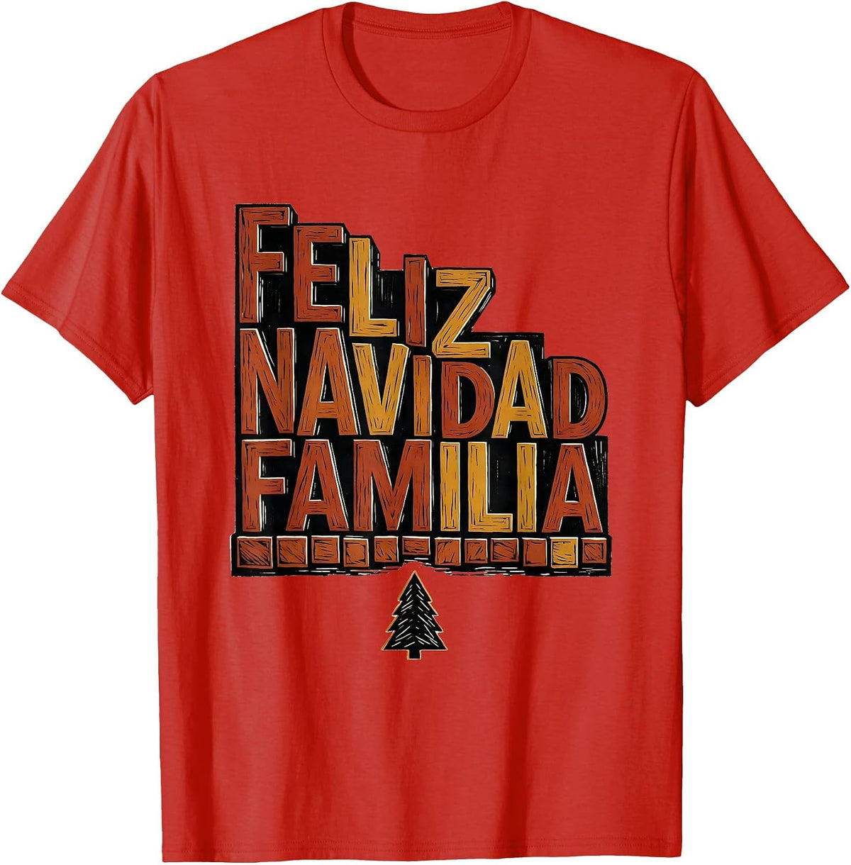 Men's Feliz Navidad Familia Linocut Spanish Christmas Family T-Shirt - Red