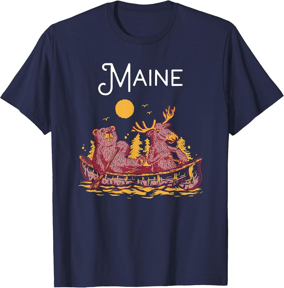 Maine Shirt Funny Canoe Moose Elk Bear Lake Canoeing T-Shirt - Navy Blue