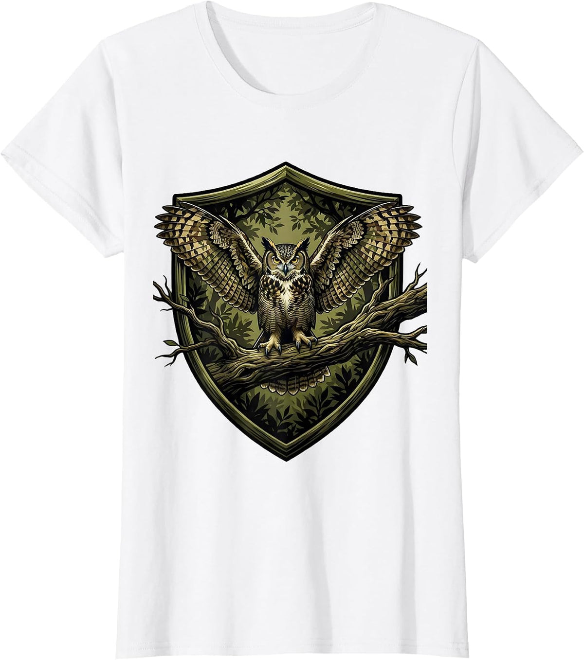 Women's Camo Owl Perched on Branch Night Scene T-Shirt - White