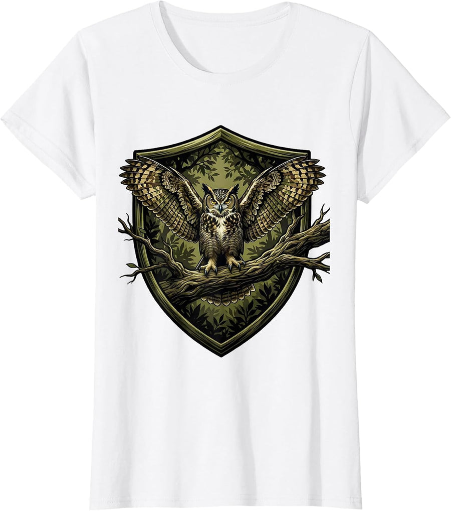 Women's Camo Owl Perched on Branch Night Scene T-Shirt - White