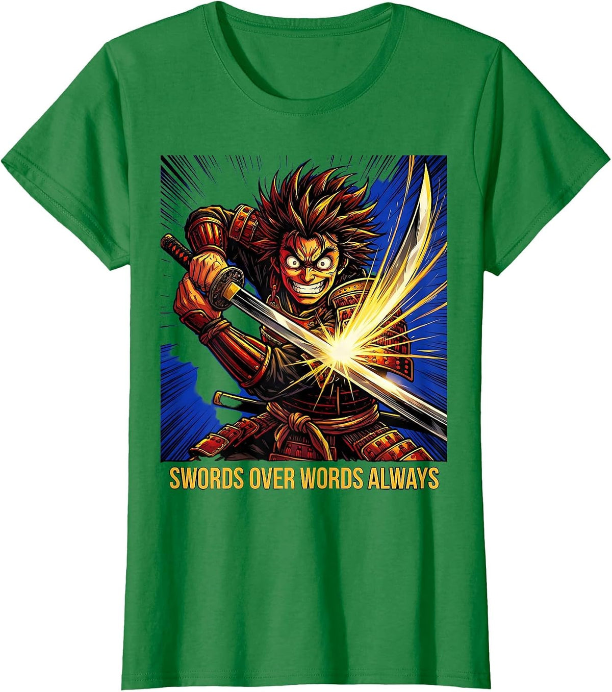 Women's Swords Over Words Always Anime Warrior Design T-Shirt - Kelly Green